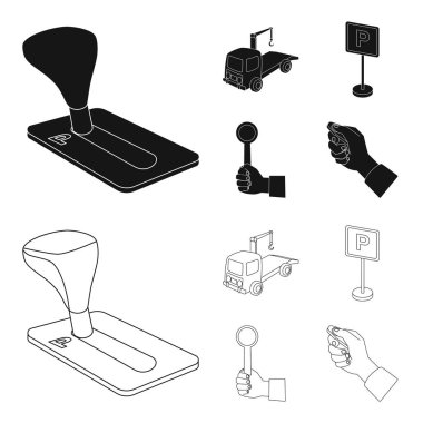 İletim kolu, çekici, Park işareti, stop sinyali. Buraya park edilmez toplama simgeler siyah, anahat stili vektör simge stok çizim web içinde ayarla..