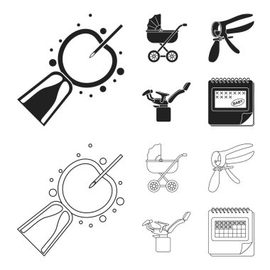 Suni tohumlama, Bebek arabası, enstrüman, jinekolojik sandalye. Gebelik toplama simgeler siyah, anahat stili vektör simge stok çizim web içinde ayarla..