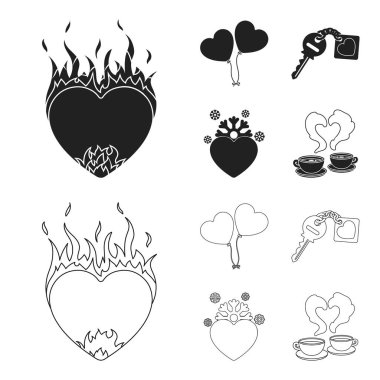 Sıcak kalp, balonlar, a çekicilik, soğuk bir kalp ile a anahtar. Romantik toplama simgeler siyah, anahat stili vektör simge stok çizim web içinde ayarla..
