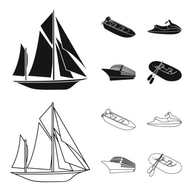 Antik Yelkenli, motorlu tekne, scooter, deniz gemisi. Gemi ve Su ulaştırma araçları toplama simgeler siyah, anahat stili vektör simge stok illüstrasyon ayarla .