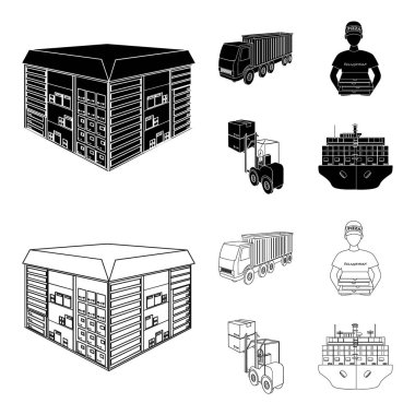 Kamyon, kurye, pizza, forklift, depo teslimi için. Lojistik ve dağıtım toplama simgeler siyah, anahat stili izometrik vektör simge stok çizim web ayarla.