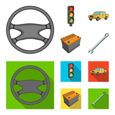 Trafik ışığı, eski bir araba, pil, İngiliz anahtarı, çizgi film, düz stil vektör simge stok çizim web simgeler set araba.