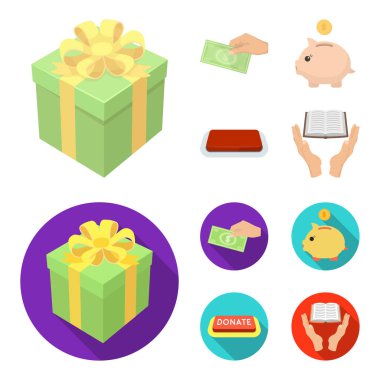 El ile para poshestvovaniya, hayır için bir kumbara, bir düğme ile bir yazıt, ellerindeki körler için bir kitap için. Yardım ve bağış toplama simgeler çizgi film, düz stil vektör ayarla