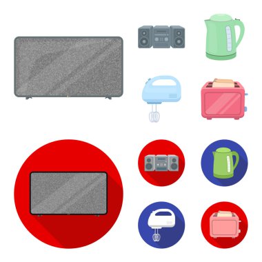 Elektrikli su ısıtıcısı, Müzik Merkezi, Mikser, ekmek kızartma makinesi. Ev toplama simgeler çizgi film, düz stil vektör simge stok çizim web ayarla..