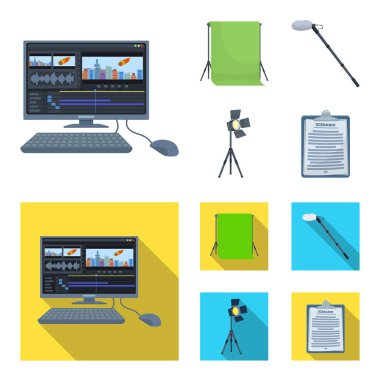 Hromakey, komut dosyası ve diğer ekipmanlar. Karikatür koleksiyonu Icons set, stil vektör simge stok çizim web düz film yapma.