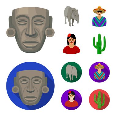 Tapir Meksika hayvan, panço, bir çiçek, bir kaktüs bir kadınla Ulusal giysileri içinde bir Meksikalı. Meksika ülke toplama simgeler çizgi film, düz stil vektör simge stok çizim web ayarla..