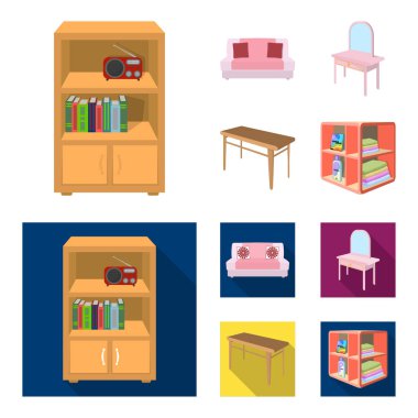 Yumuşak kanepe, tuvalet makyaj tablo, yemek masası, Çamaşırhane ve deterjan için raf. Mobilya ve enteriyör çizgi film, düz stil izometrik vektör simge stok çizim web simgeler ayarla.