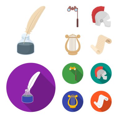 Tiyatro dürbün, kask, harp ve kağıt kaydırma. Tiyatro toplama simgeler çizgi film, düz stil vektör simge stok çizim web ayarla..