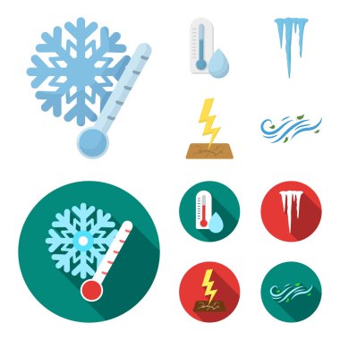 Nem, buz sarkıtları, thunderbolt, rüzgarlı hava. Hava toplama simgeler çizgi film, düz stil vektör simge stok çizim web ayarla..