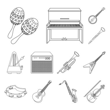 Müzik aleti anahat simgeleri set koleksiyonu tasarım için. Sembol stok web illüstrasyon vektör dize ve Nefesli/Üflemeli Saz.