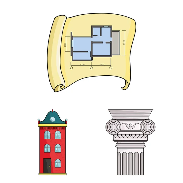 建筑和建筑的卡通图标集集合中的设计。建筑师和设备矢量符号股票网页插图. — 图库矢量图片