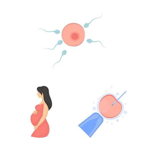 Γυναίκα και εγκυμοσύνη κινουμένων σχεδίων εικονίδια στη συλλογή σετ για σχεδιασμό. Γυναικολογία και εξοπλισμός σύμβολο μετοχής web εικονογράφηση διάνυσμα. — Διανυσματικό Αρχείο