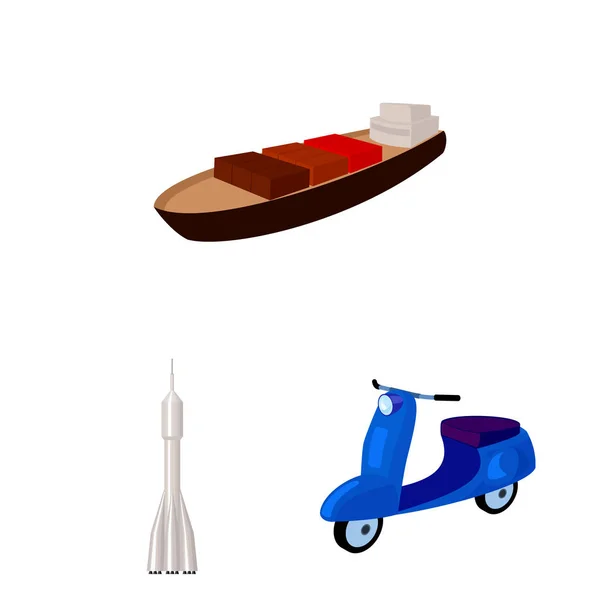 Различные типы иконок транспортных мультфильмов в коллекции наборов для дизайна. Векторные символы автомобилей и кораблей . — стоковый вектор