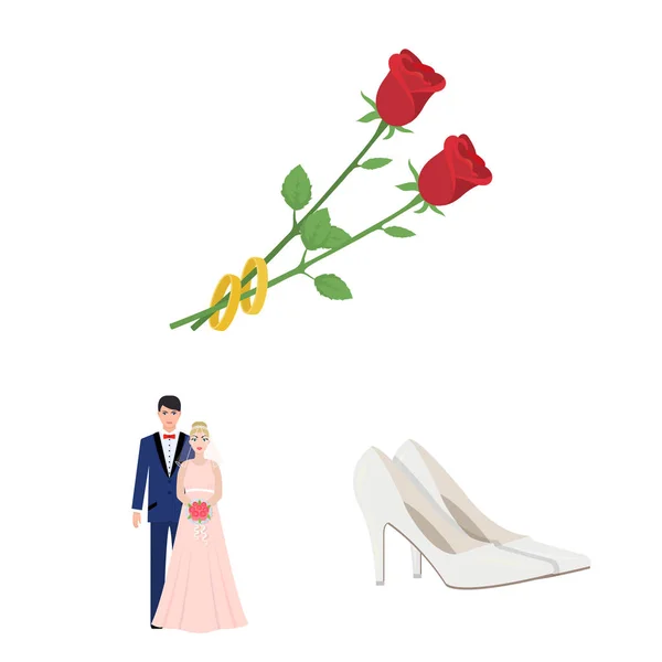 Bröllop och attribut tecknad ikoner i set samling för design. Nygifta och tillbehör vektor symbol lager web illustration. — Stock vektor