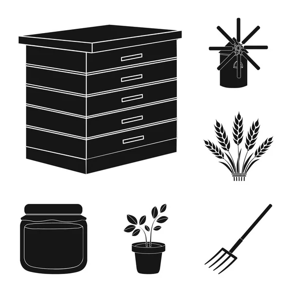 Сельское и садоводческое черное в коллекции для дизайна. Рисунок векторных символов фермы и оборудования . — стоковый вектор