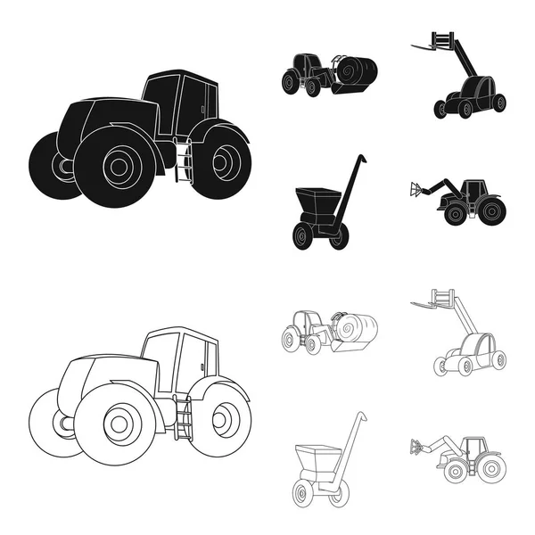 Traktor, Heuwuchtmaschine und andere landwirtschaftliche Geräte. Landmaschinen Set Sammlung Symbole in schwarz, Umriss Stil Vektor Symbol Stock Illustration Web. — Stockvektor