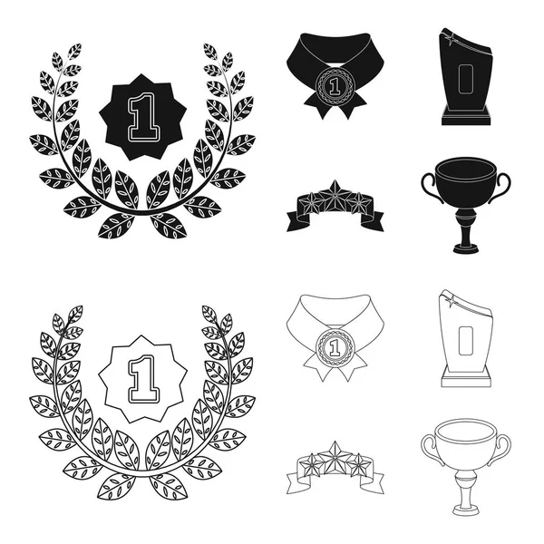 Winner for the first place in the competition, a crystal prize, a ribbon with the stars, a medal on the red ribbon.Awards and trophies set collection icons in black,outline style vector symbol stock — Stock Vector