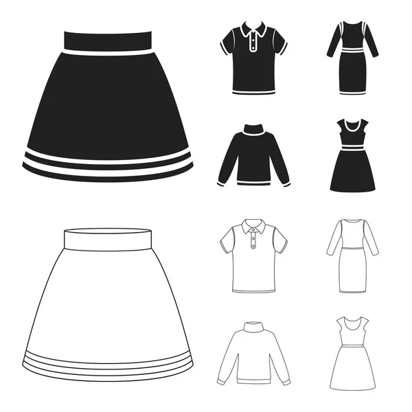 Kjol, t-shirt, tröja, klänning med långa ärmar. Kläder som samling ikoner i svart, disposition stil vektor symbol stock illustration web. — Stock vektor