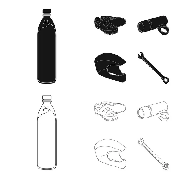 Бутылка воды, кроссовки, фонарик для велосипеда, защитный шлем. Набор комплектов велосипедистов иконки коллекции в черном, очертания стиля векторных символов паутину иллюстрации . — стоковый вектор