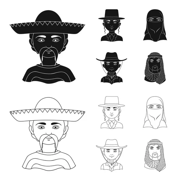 Um mexicano, um judeu, uma mulher do Médio Oriente, um americano. A raça humana conjunto coleção ícones em preto, esboço estilo vetor símbolo estoque ilustração web . —  Vetores de Stock