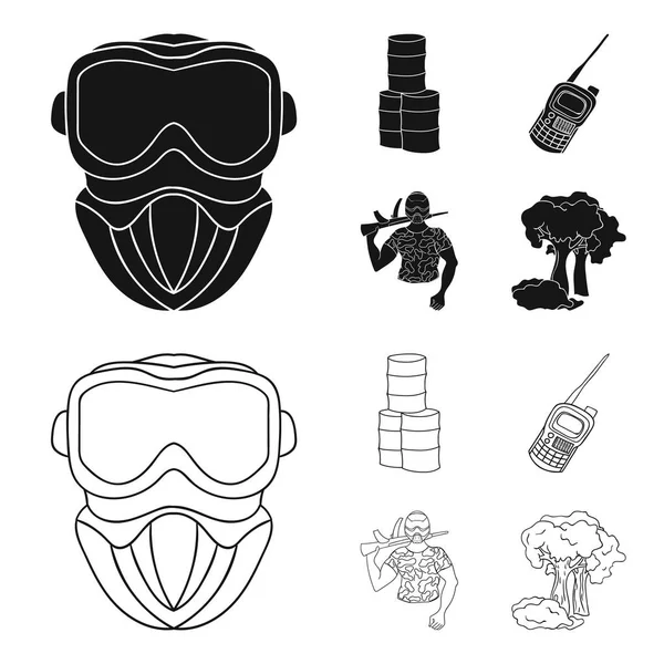 Attrezzatura, maschera, botte, barricata .Paintball set di icone di raccolta in nero, contorno stile vettore simbolo stock illustrazione web . — Vettoriale Stock