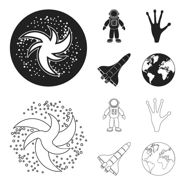 La main des extraterrestres, la navette spatiale, l'astronaute en combinaison, le trou noir avec les étoiles. Ensemble d'espace icônes de la collection en noir, style contour vectoriel symbole stock — Image vectorielle