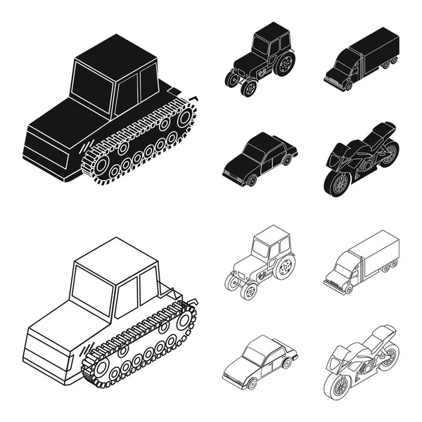 Traktor, Raupenschlepper, LKW, Auto. Transport Set Sammlung Symbole in schwarz, Umriss Stil Vektor Symbol Stock Illustration Web. — Stockvektor