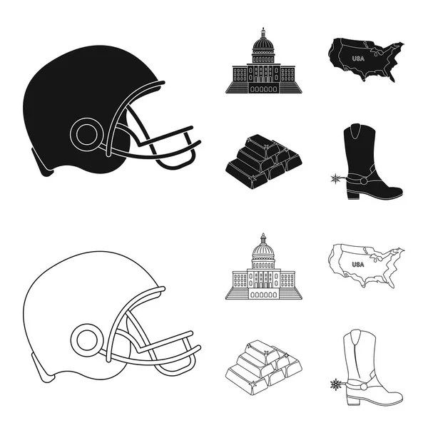 Fußballhelm, Kapitol, Gebietskarte, Gold und Devisen. usa acountry set collection icons in black, outline style vektor symbol stock illustration web. — Stockvektor