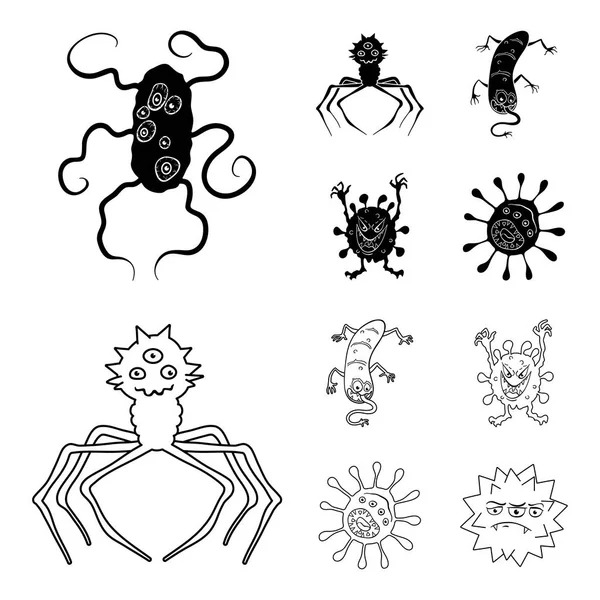 Mikrop ve virüs farklı türleri. Virüs ve bakteriler toplama simgeler siyah, anahat stili vektör simge stok çizim web ayarla. — Stok Vektör