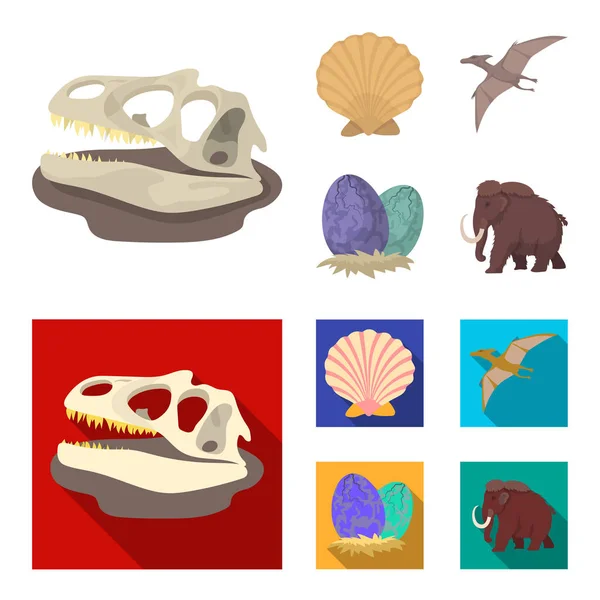 Prehistoric shell, dinosaur eggs,pterodactyl, mammoth. Dinosaur and prehistoric period set collection icons in cartoon,flat style vector symbol stock illustration web. — Stock Vector