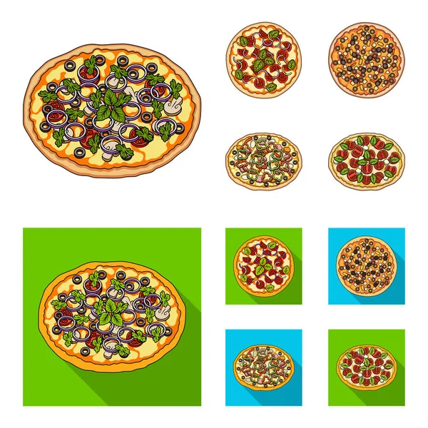 Et, peynir ve diğer dolgu pizza. Çizgi film, düz stil vektör simge stok çizim web simgeler farklı pizza ayarla. — Stok Vektör
