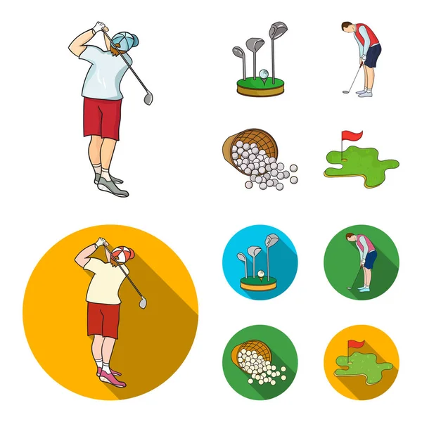 Stand para un club de golf, muzhchin jugando con un club, canasta con pelotas, etiqueta con una bandera en el campo de golf. Golf Club conjunto de iconos de colección en dibujos animados, vector de estilo plano símbolo stock ilustración web . — Archivo Imágenes Vectoriales