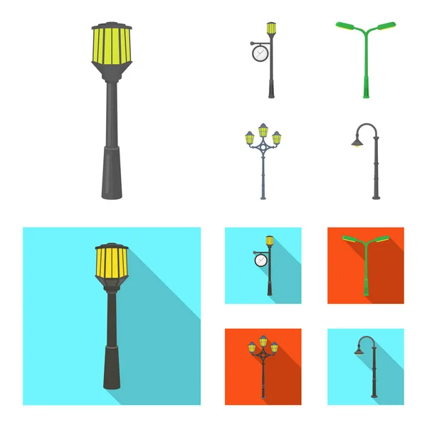 Lamppost em estilo retro, lanterna moderna, tocha e outros tipos de luzes de rua. Lamppost conjunto coleção ícones em desenhos animados, estilo plano símbolo vetorial estoque ilustração web . —  Vetores de Stock