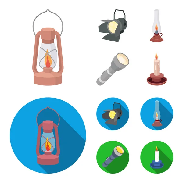 Searchlight, kerosene lamp, candle, flashlight.Light source set icons in cartoon, flat style vector symbol stock illustration web . — стоковый вектор