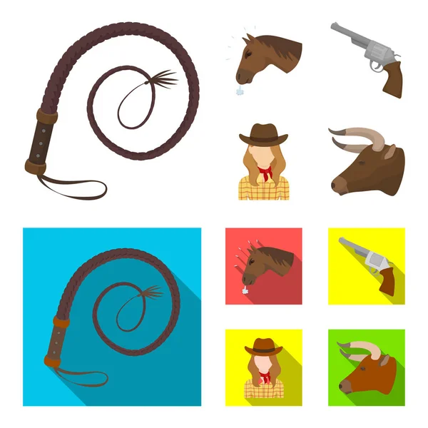 Cabeça de cavalo, cabeça de touro, revólver, vaqueira. Conjunto de ícones de coleção de rodeio em desenhos animados, estilo plano símbolo vetorial ilustração web . — Vetor de Stock