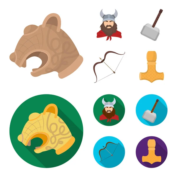 Viking in helmet with horns, mace, bow with arrow, treasure. Vikings set collection icons in cartoon,flat style vector symbol stock illustration web. — Stock Vector