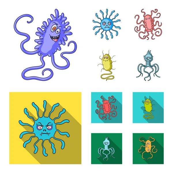 Различные типы микробов и вирусов. Вирусы и бактерии набора иконок коллекции в мультфильме, плоский стиль векторных символов иконок паутины . — стоковый вектор