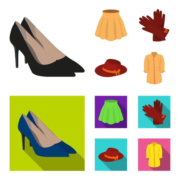 Юбка со складками, кожаные перчатки, женская шляпа с бантиком, рубашка на застежке. Женская одежда набор иконки в мультфильме, плоский стиль векторные символы фондовые иллюстрации веб . — стоковый вектор