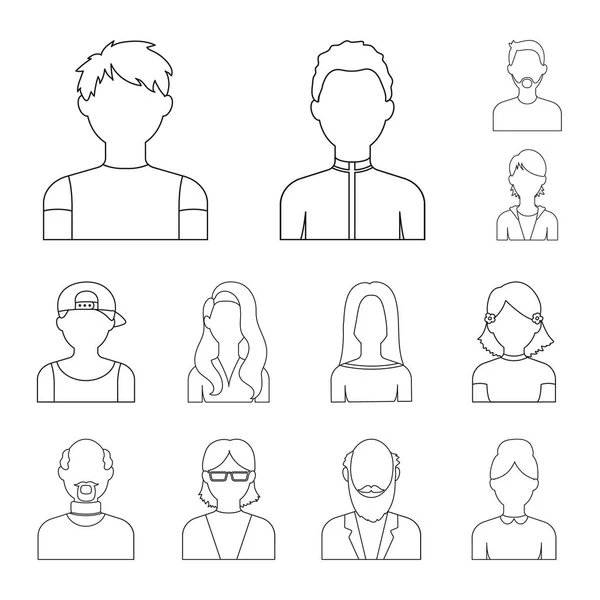 Ícones de contorno de avatar e rosto na coleção de conjuntos para design. Uma aparência de pessoas símbolo vetorial web ilustração . —  Vetores de Stock