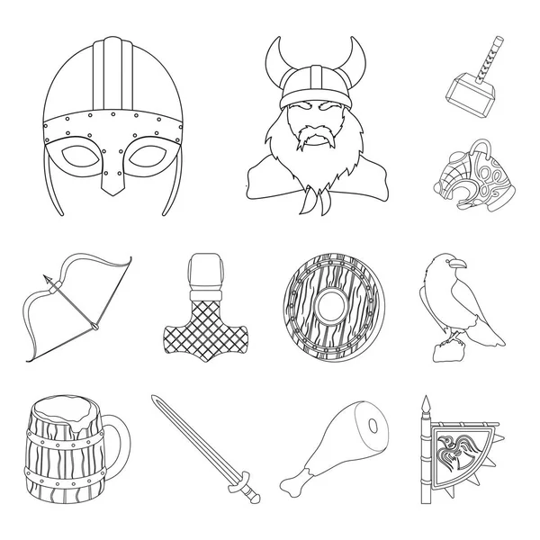 Βίκινγκς και χαρακτηριστικά περίγραμμα εικονίδια στη συλλογή σετ για σχεδιασμό. Παλιά Σκανδιναβική πολεμιστής διάνυσμα σύμβολο μετοχής web εικονογράφηση. — Διανυσματικό Αρχείο
