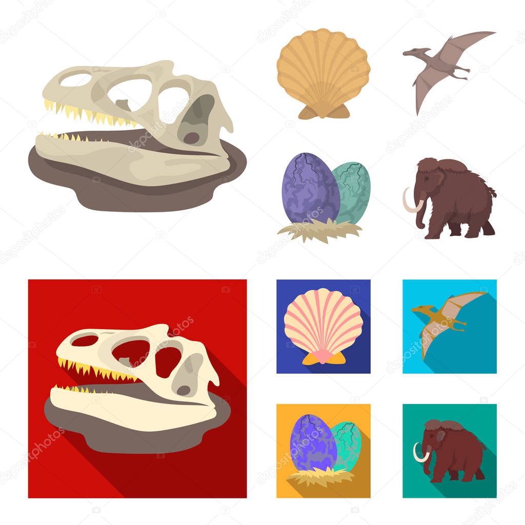 Prehistoric shell, dinosaur eggs,pterodactyl, mammoth. Dinosaur and prehistoric period set collection icons in cartoon,flat style vector symbol stock illustration .