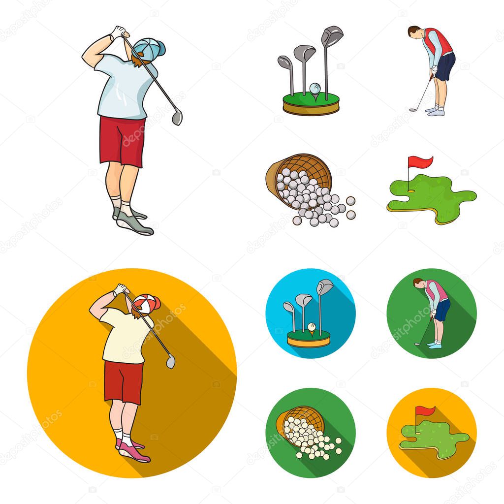 Stand for a golf club, muzhchin playing with a club, basket with balls, label with a flag on the golf course. Golf Club set collection icons in cartoon,flat style vector symbol stock illustration .