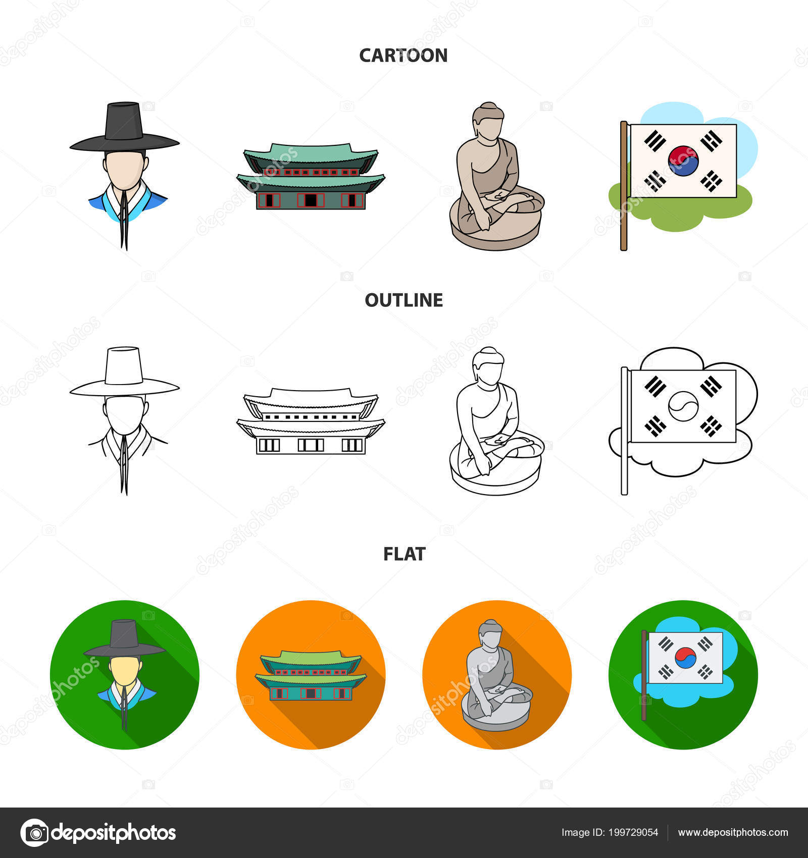 Korean in national headdress, Korean monastery, Buddha figurine, national  flag. South Korea set collection icons in cartoon,outline,flat style vector  symbol stock illustration web. Stock Vector Image by ©PandaVector #199729054