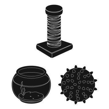 Set koleksiyonu tasarım için evde beslenen hayvan dükkan siyah simgeler. Hayvanlar için ürünler sembol stok web illüstrasyon vektör.