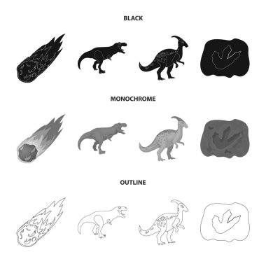 Düşen bir göktaşı, parasaurolophus, tyrannosaurus, dinozorların ayak olan. Dinozor ve tarih öncesi dönemi simgeler siyah, tek renkli, anahat stili vektör simge stok ayarla