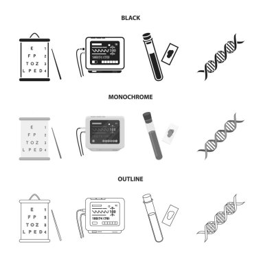 Görme testleri, kan testi, bir Dna kodu, bir EKG Cihazı tablosu. Tıp koleksiyonu Icons set siyah, tek renkli, anahat stili vektör simge stok çizim web.
