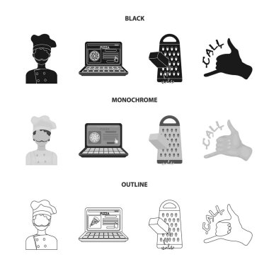 Yemek, telefonla, rendelenmiş peynir, bir yüz jest sipariş sipariş. Pizza ve pizza koleksiyonu Icons set siyah, tek renkli, anahat stili vektör simge stok çizim web.