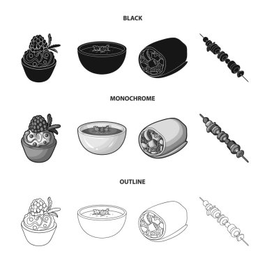 Ahududu, Yeşiller, sebze sosis, şişleri sebze vejetaryen çorbası ile pasta. Vejetaryen yemekleri toplama simgeler siyah, tek renkli, anahat stili vektör simge stok ayarla.