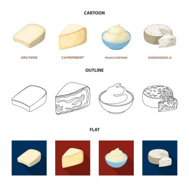 Gruyere, camembert, mascarpone, gorgonzola. Peynir farklı türde koleksiyon Icons set çizgi film, anahat, düz stil vektör simge stok çizim web.