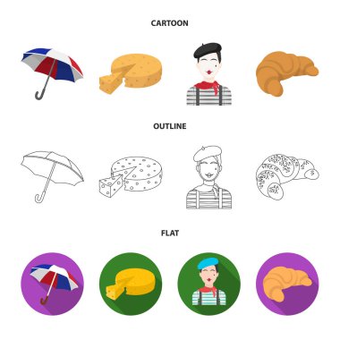Şemsiye, geleneksel, peynir, MIME. Fransa ülke koleksiyonu Icons set çizgi film, anahat, düz stil vektör simge stok çizim web.